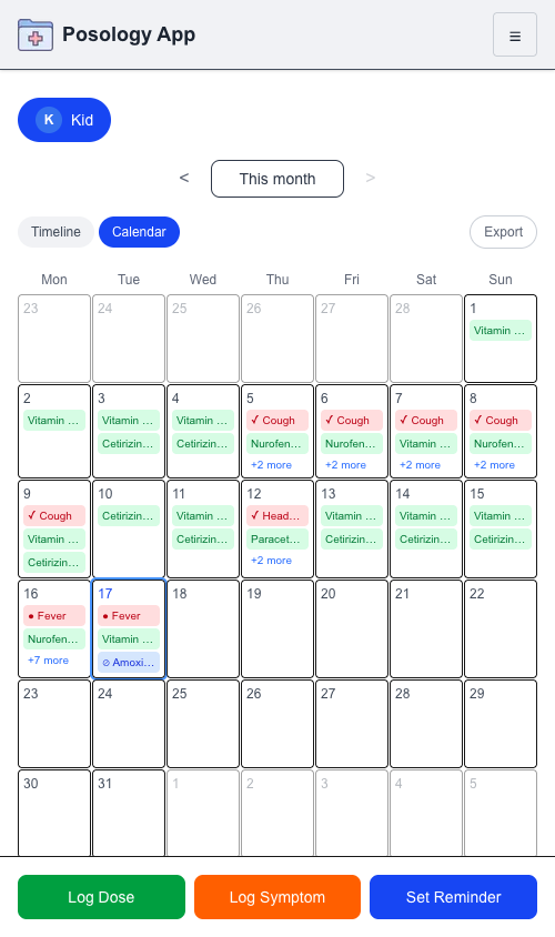 Posology calendar view